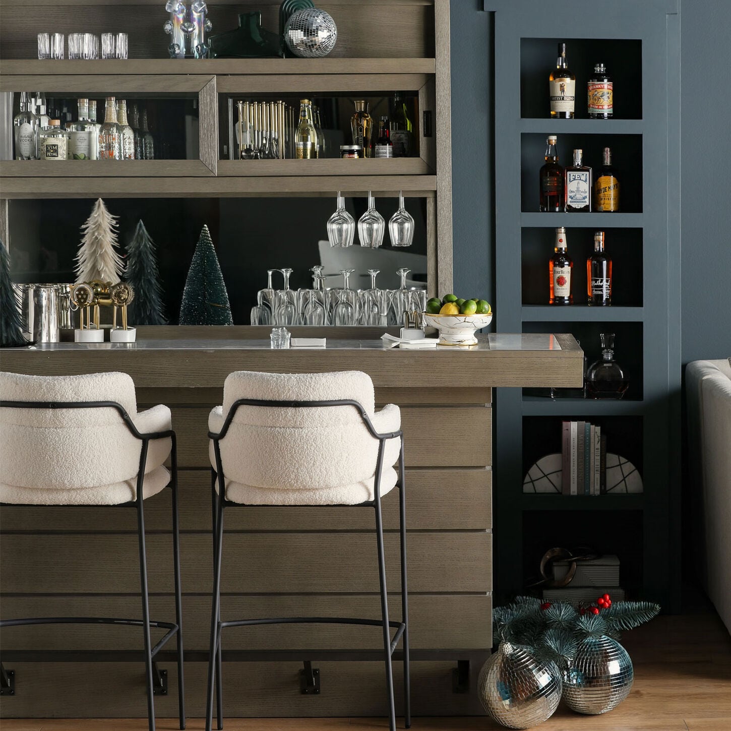 Bar stools and bar set with holiday decor