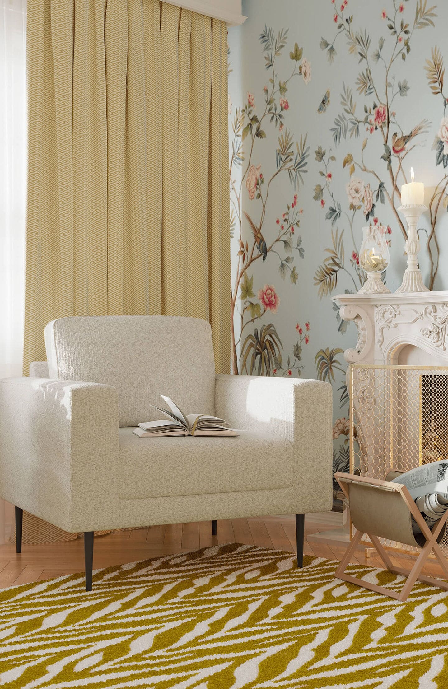 A living room with warm leather couches and a green accent wall with beautiful art work