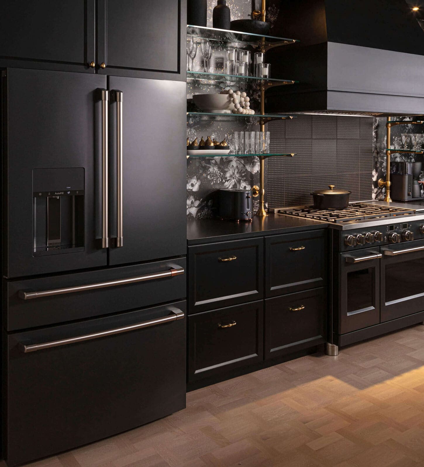 French Door Refrigerator, Range and stove in Black Stainless Steel