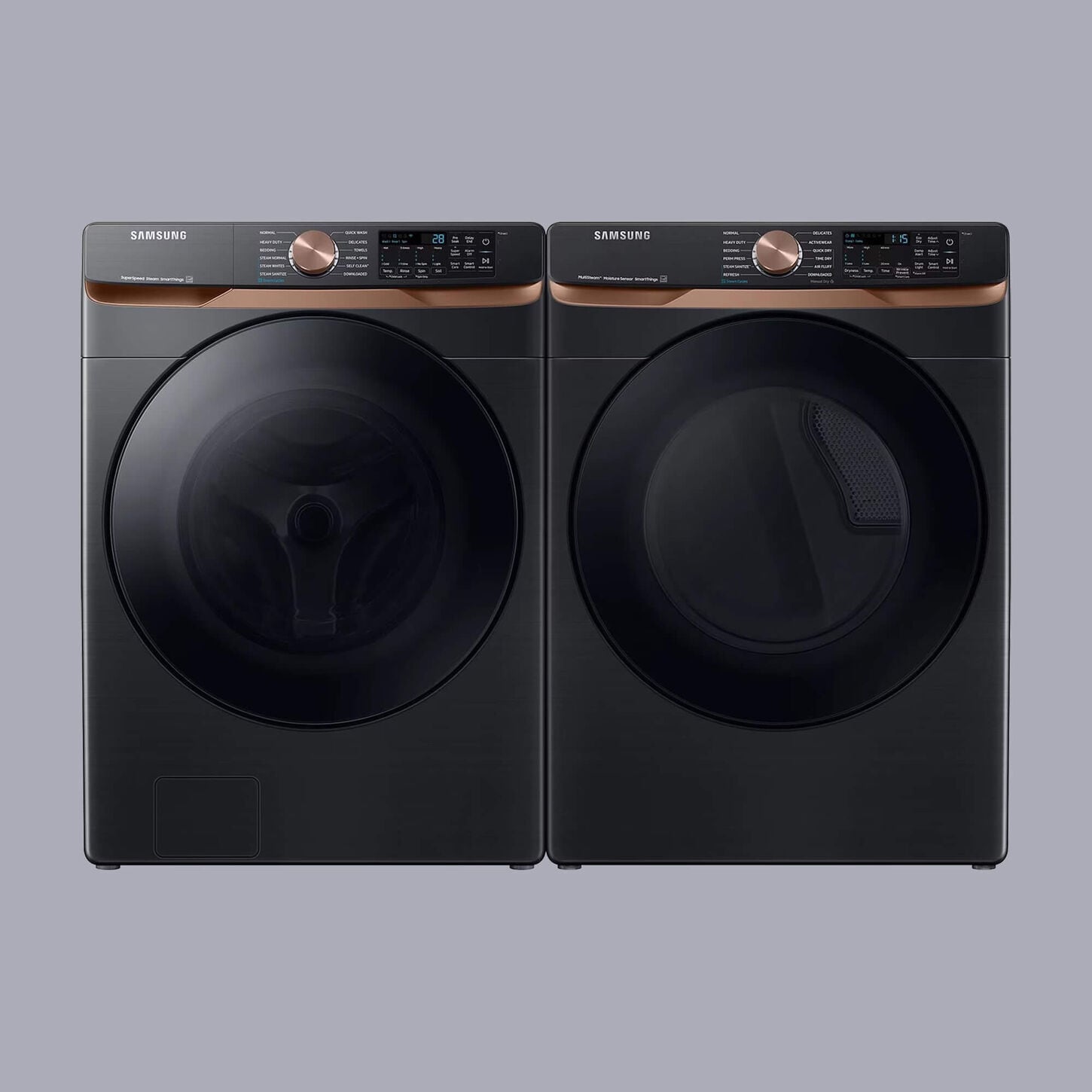 Samsung 5.0 cu. ft. smart front-load washer and 7.5 cu. ft. smart electric dryer in brushed black.