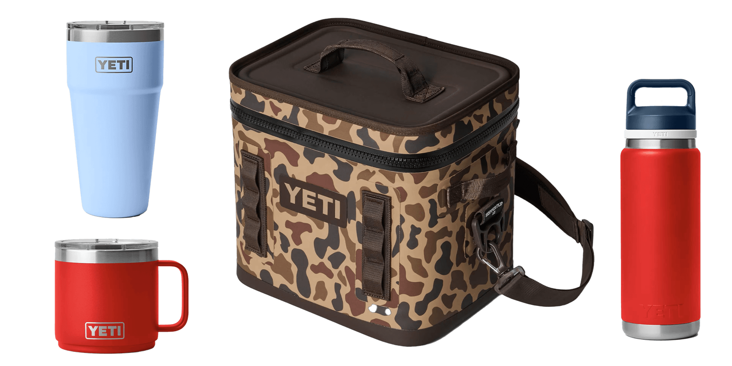 Yeti cups and cooler in multiple colors