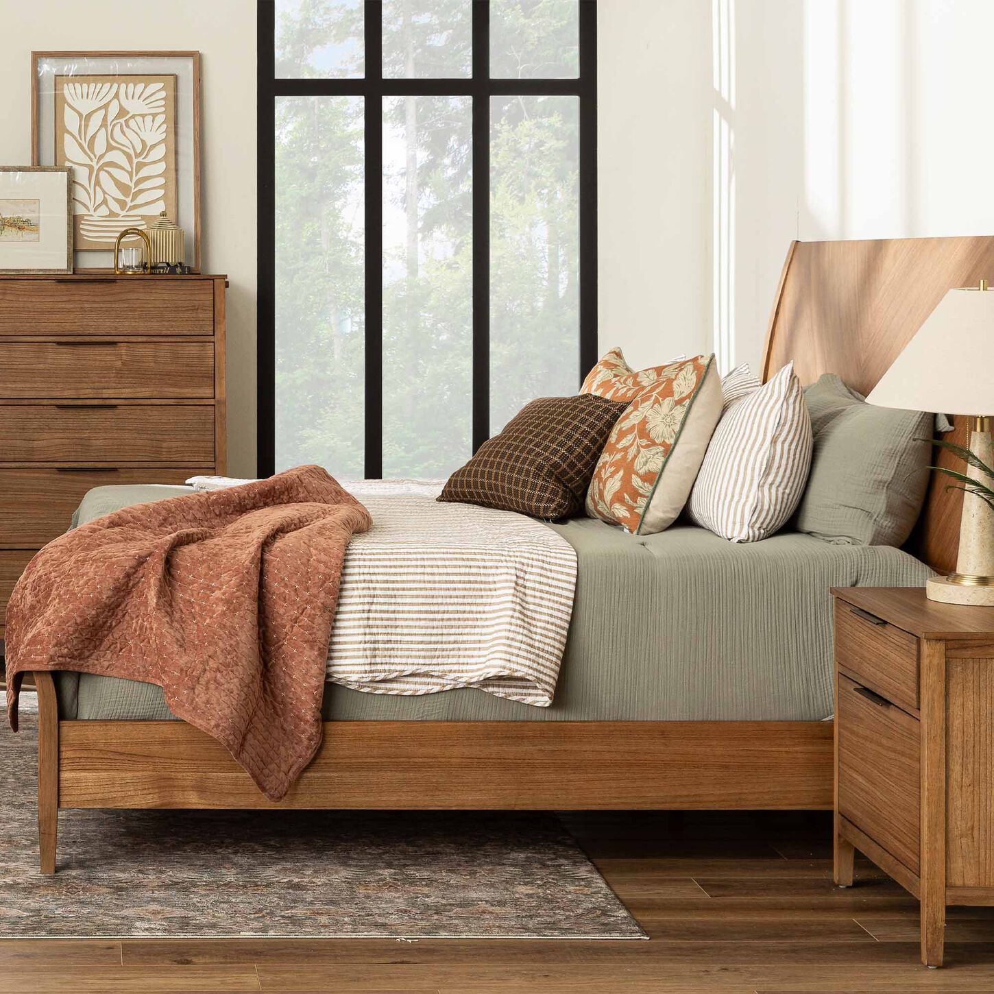 Light wood bedroom set with bed, nightstand and dresser