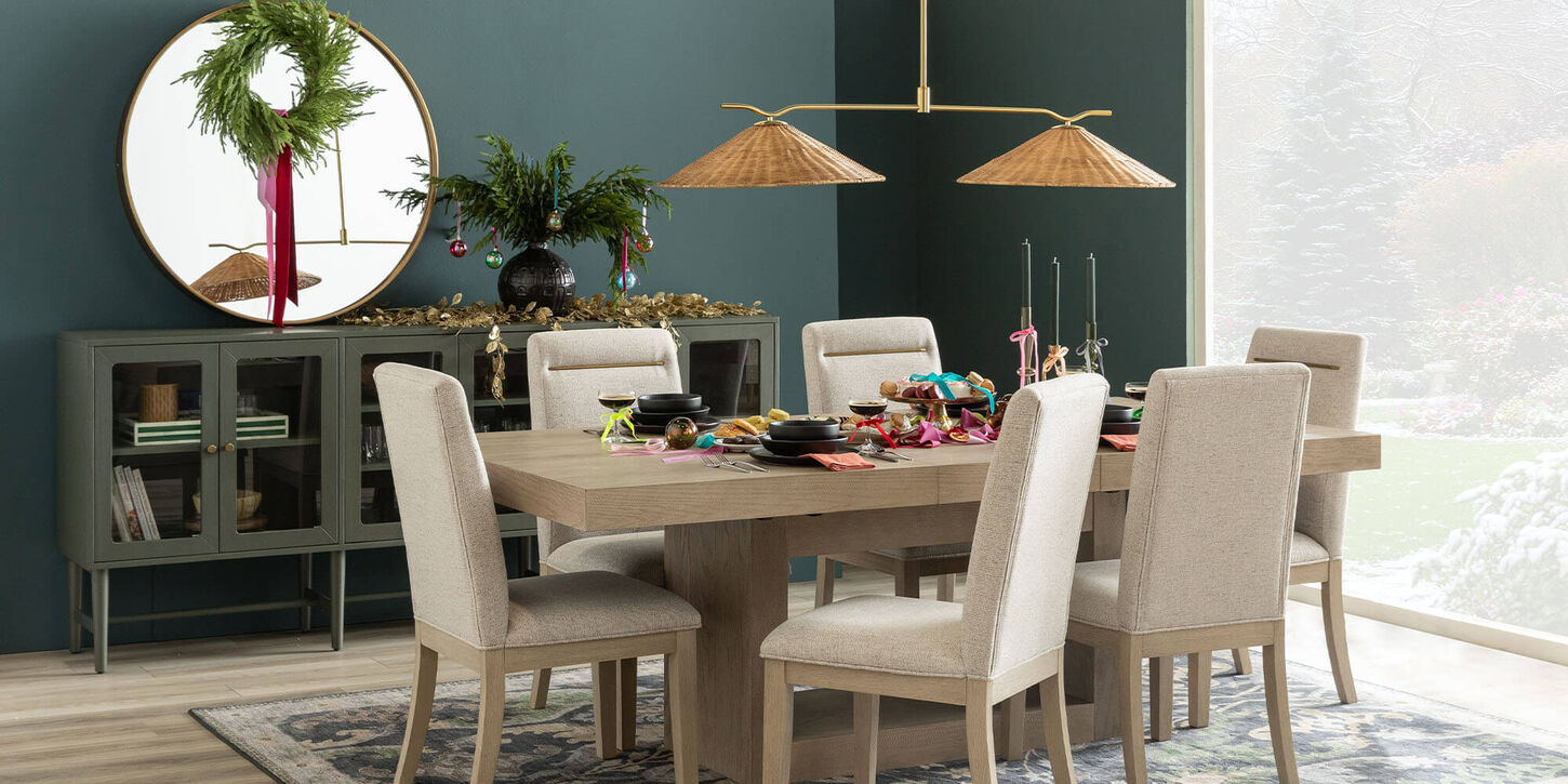 Christmas themed dining room with holiday decorations