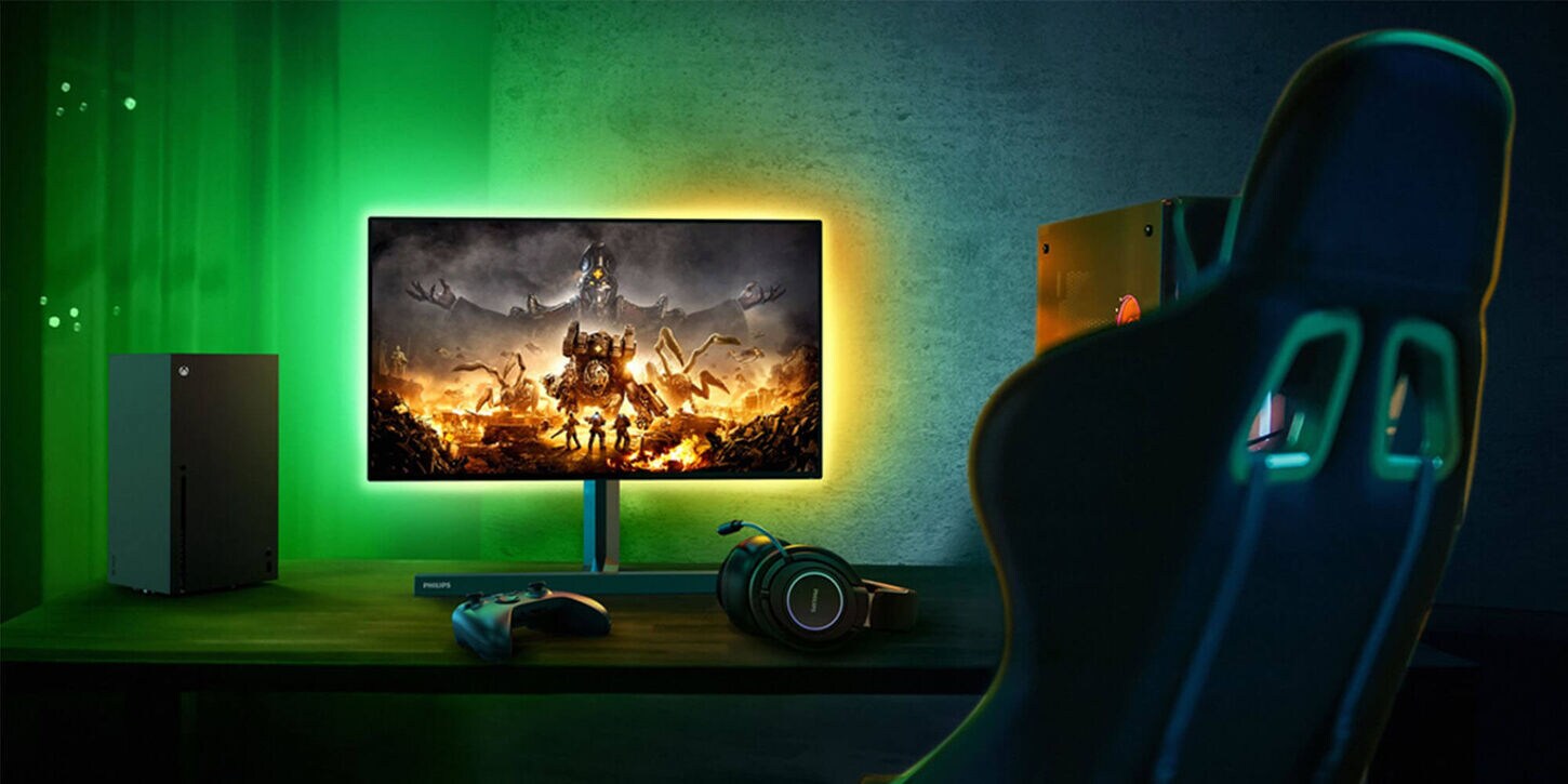 PC gaming equipment in gamers room with lights