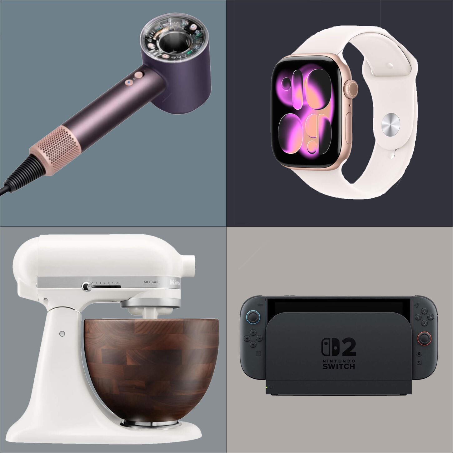 Collage of mixer, switch 2, apple watch, and dyson hairdryer