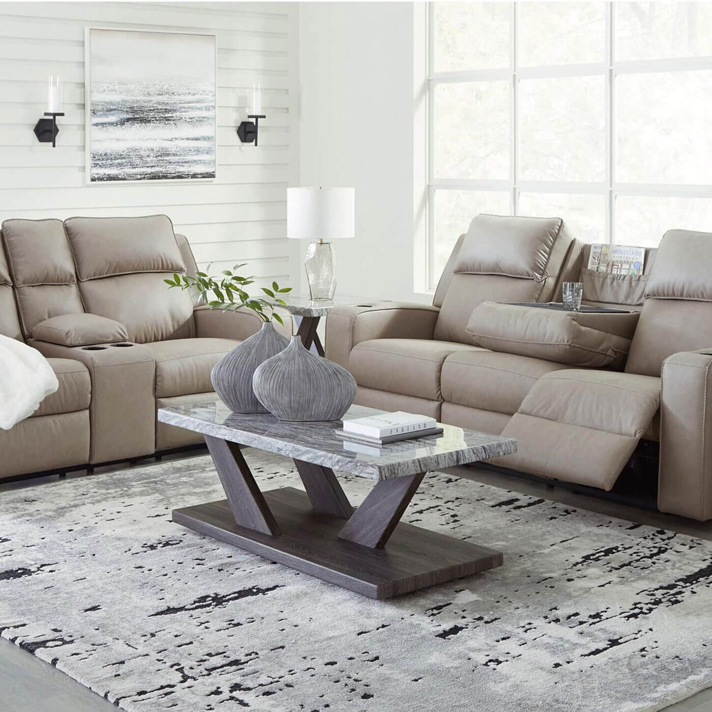 Ashley Lavenhorne Manual Reclining Sofa and Loveseat Set in Pebble