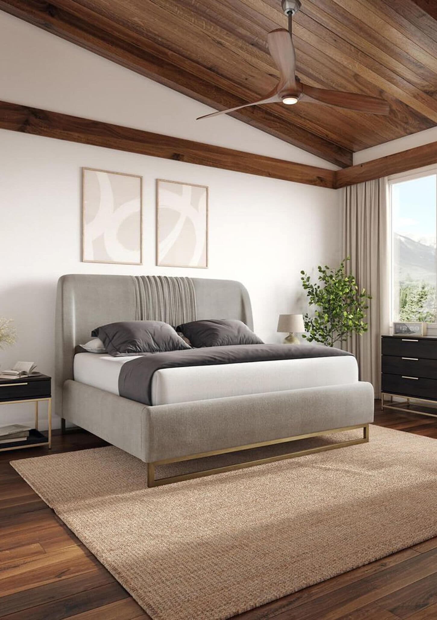 A modern platform bed in a bright bedroom