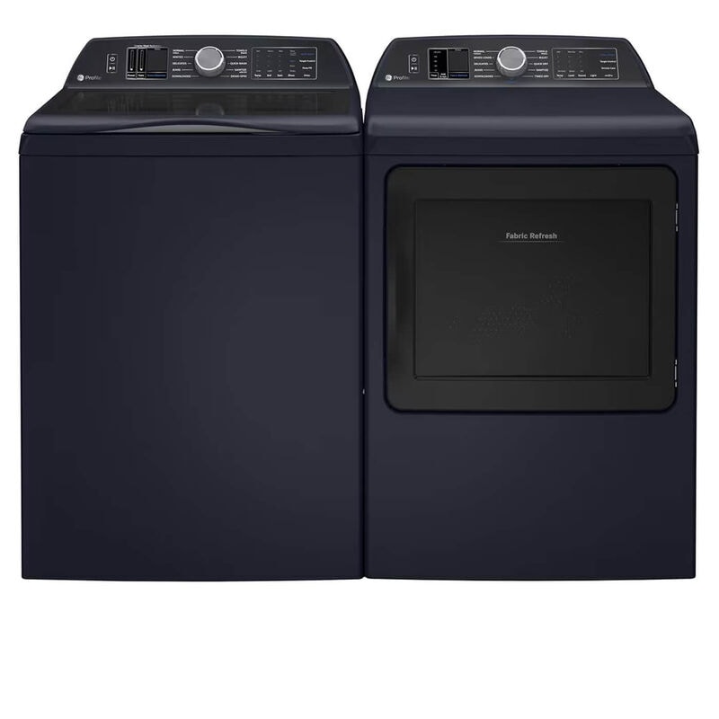 GE top load laundry pair in dark blue