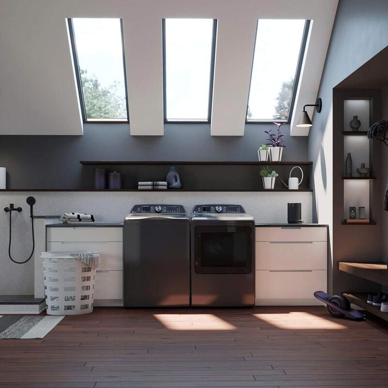 GE Profile 5.4 Cu. Ft. Top Load Impeller Washer and 7.4 Cu. Ft. Smart Electric Dryer in Diamond Gray