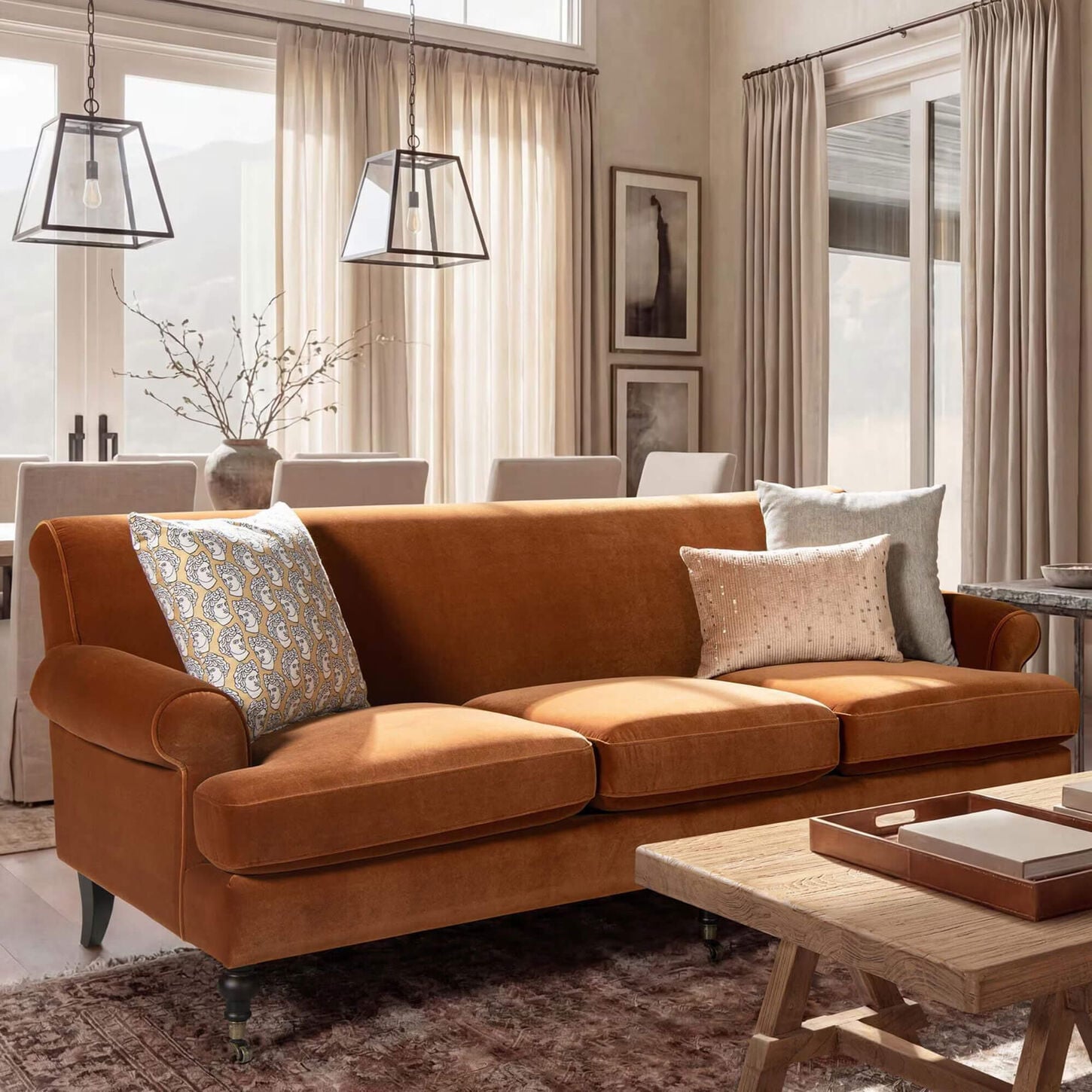 Jennifer Taylor Home Alana Stationary Sofa in Burnt Orange Velvet