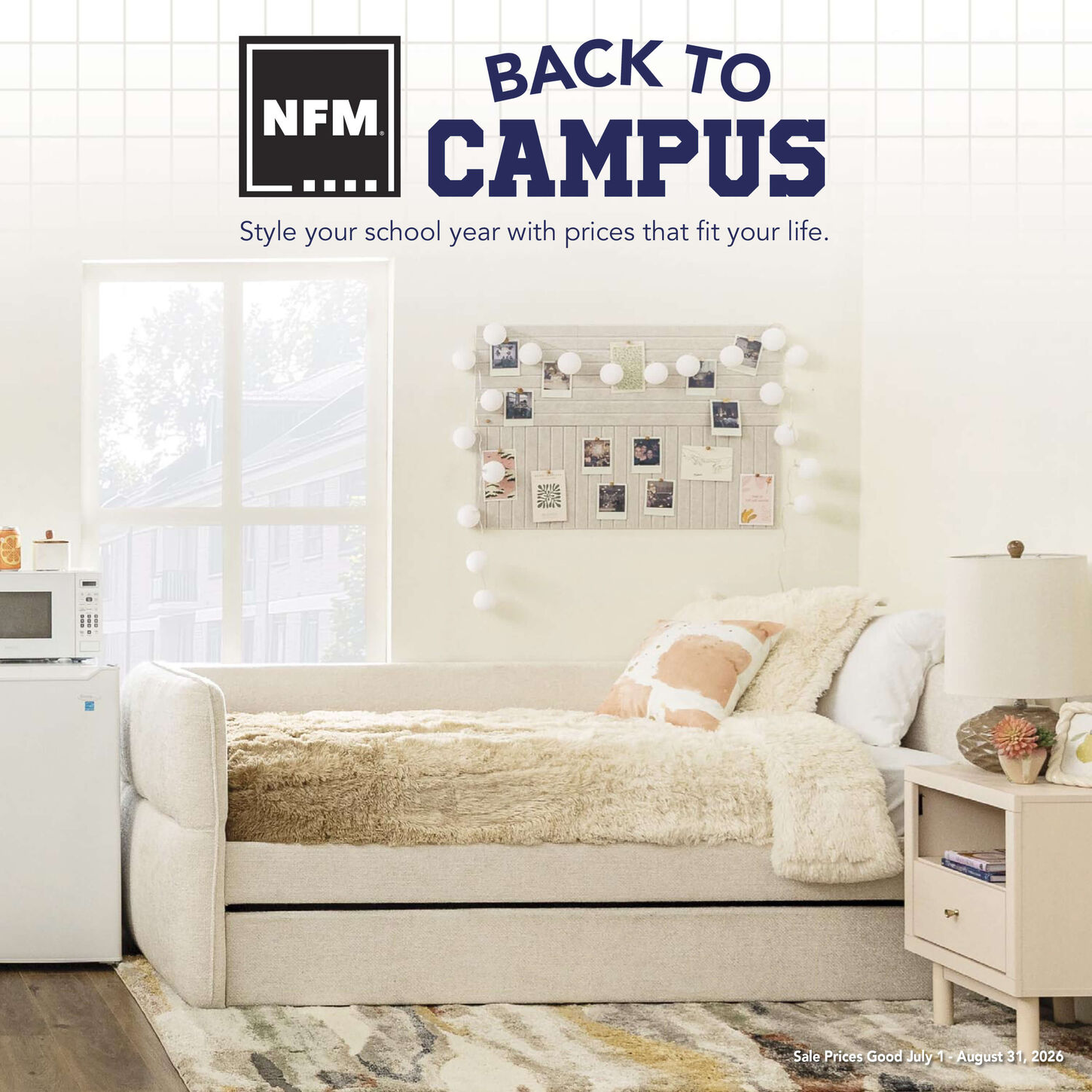 View of a dorm room that has a light and airy design style