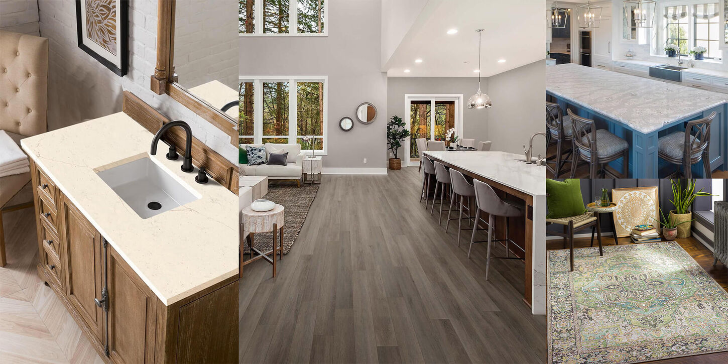 Collection of images including, bathroom vanity, area rug, granite countertop, and hard surface flooring