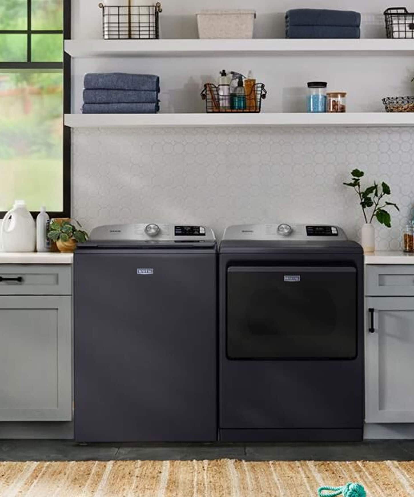 Maytag Top Load Washer and Dryer in Midnight Steel