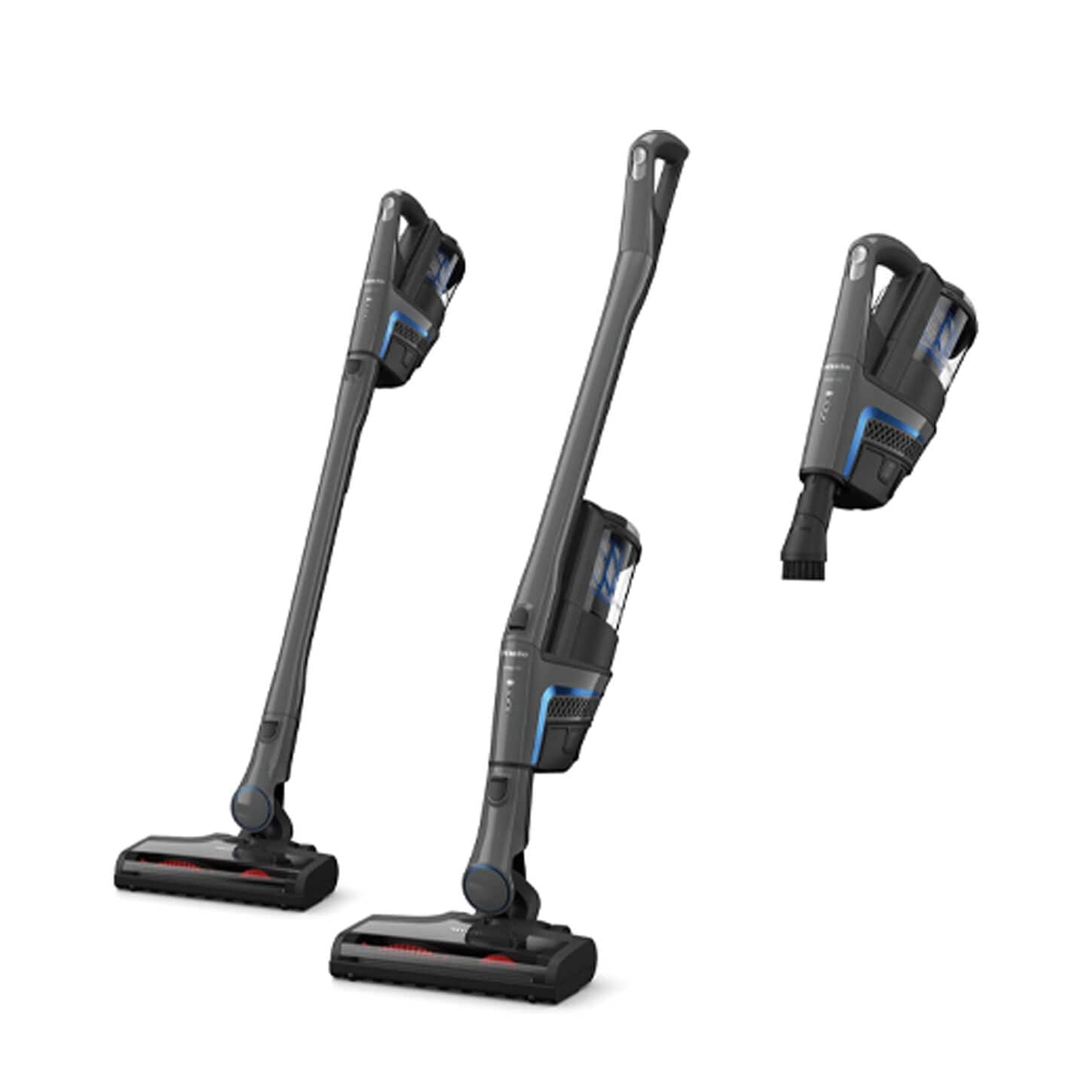 3 different vacuums including a large pushing, wall mounting one, and handheld