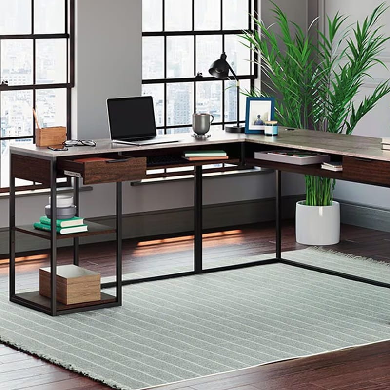 Sauder International Lux L-Shaped Desk in Umber Wood