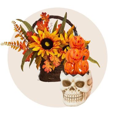 The Gerson Company 23in Smoking Pumpkins Figurine in Multicolor & Nearly Natural Inc 16in Fall Sunflower Arrangement with Decorative Basket in Yellow