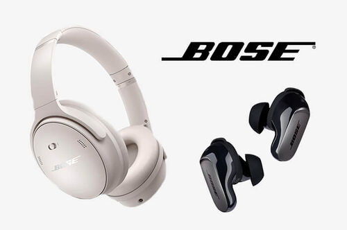 Bose QuietComfort Ultra Wireless Noise Cancelling Earbuds in Black and the Bose QuietComfort Ultra Wireless Noise Cancelling Over-the-Ear Headphones in White Smoke