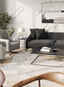Quiet Modern living room design with a dark grey couch, light grey chair, plant in the corner, rug, and coffee table
