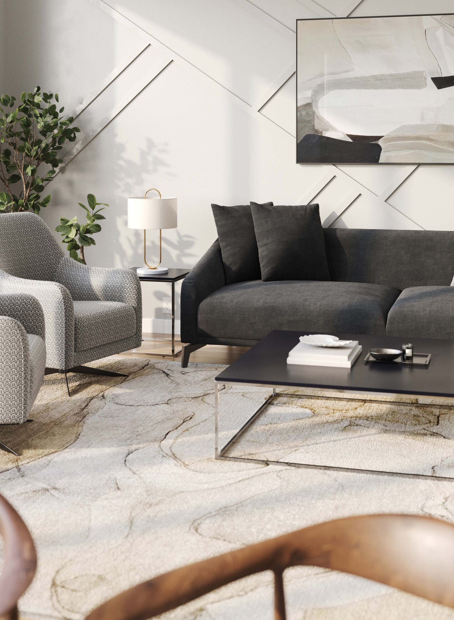 Quiet Modern living room design with a dark grey couch, light grey chair, plant in the corner, rug, and coffee table