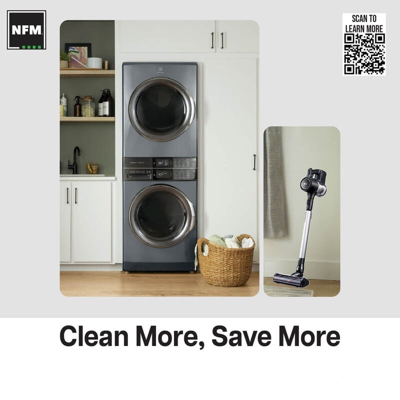 A stack laundry unit and a stick vacuum in between