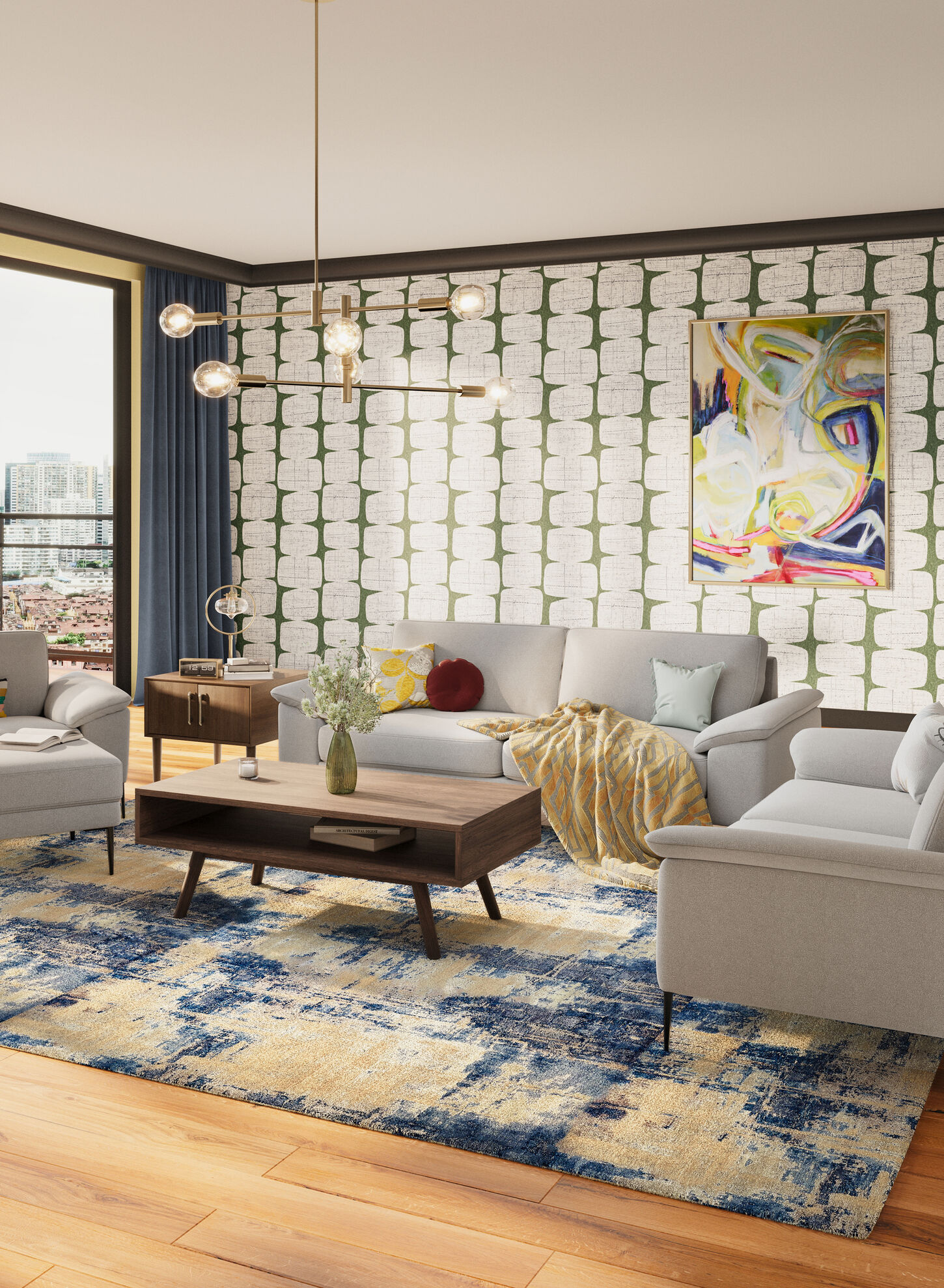 A light and airy bedroom with a bed and two big picture frames above the bed.