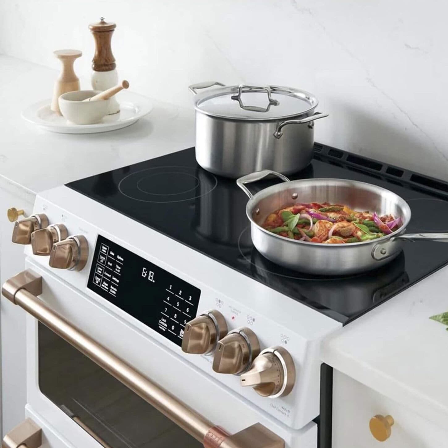 Cafe 30" Slide-In Gas Double Oven with Convection Range in Matte White with Brushed Bronze Handle