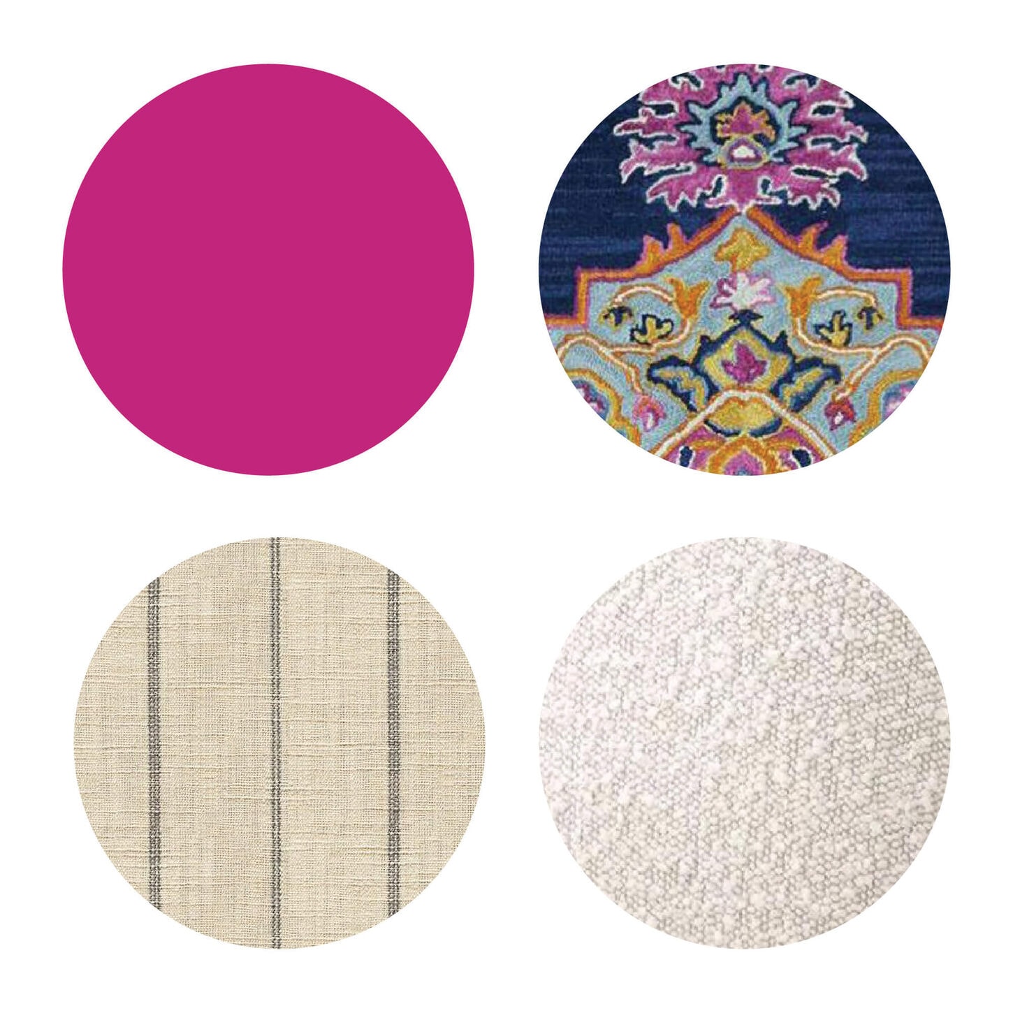 Grand millennial color swatches including pink, light pink, cream stripes, and a colorful pattern