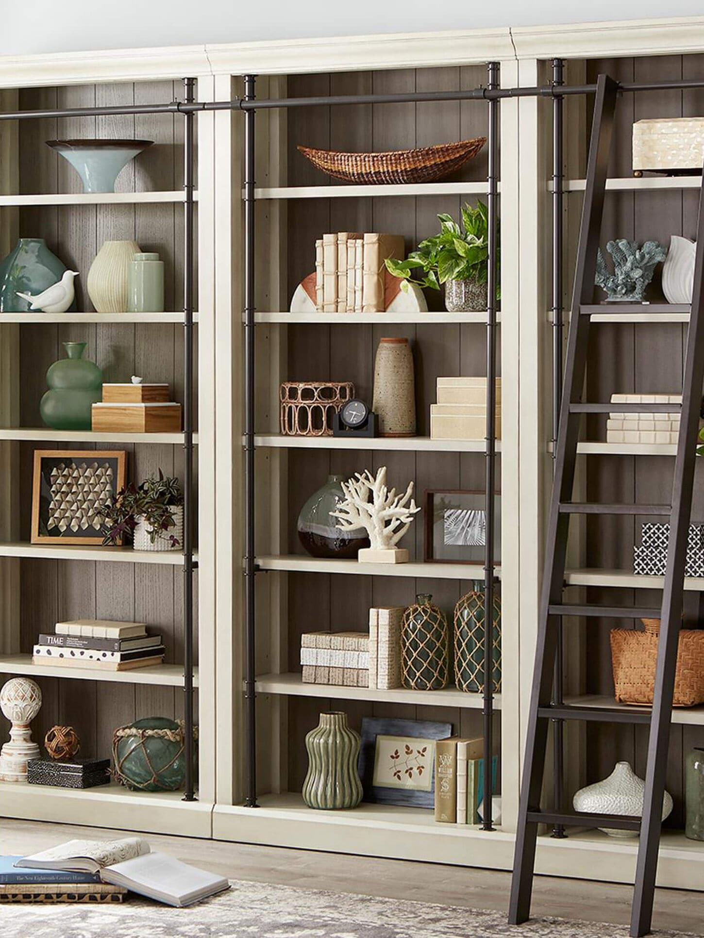 Light bookcase in home office with desk and cozy vibe