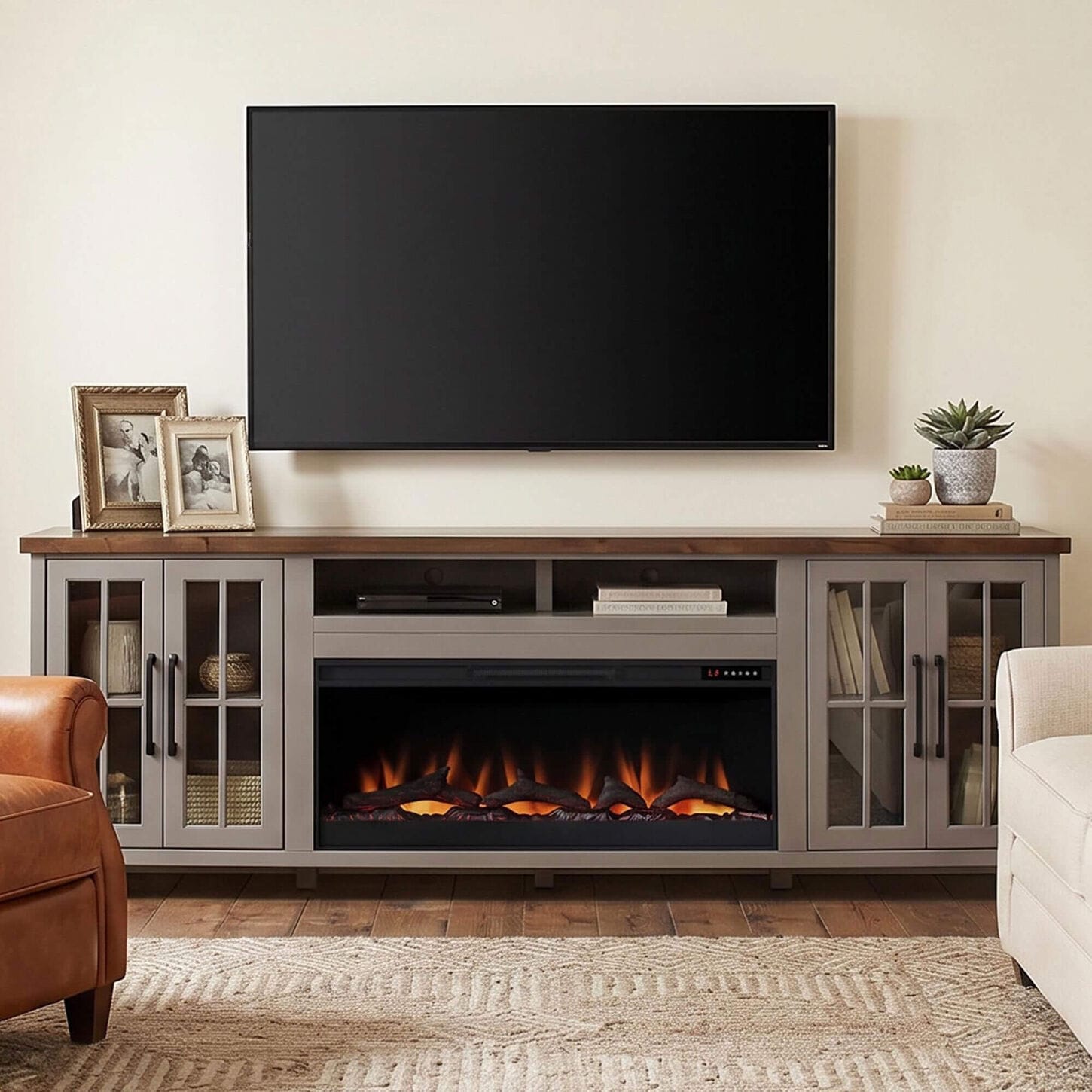 Legends Home Avalon 96" TV Stand with Fireplace in Sandstone and Whiskey