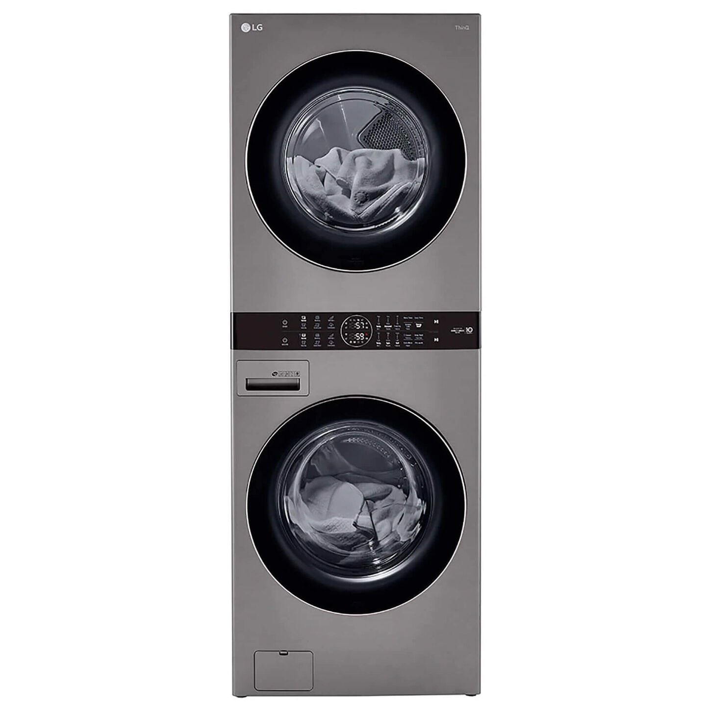 washer and dryer stacked laundry center in silver
