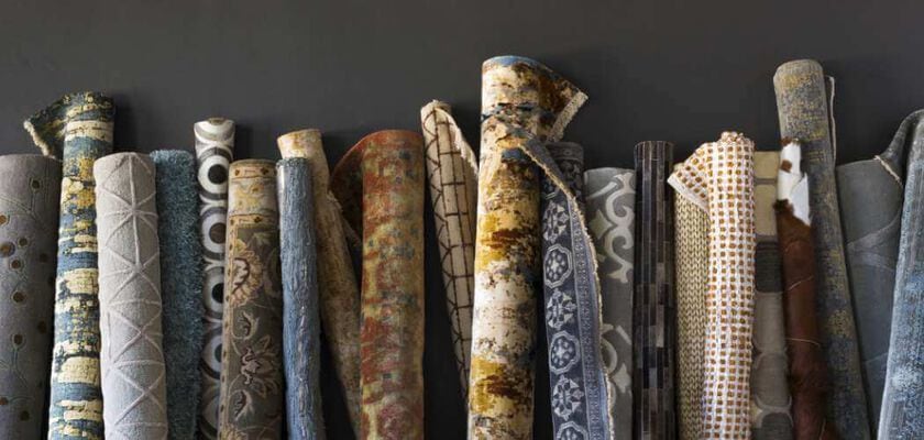 Various area rugs rolled up showing wide range of selection at NFM