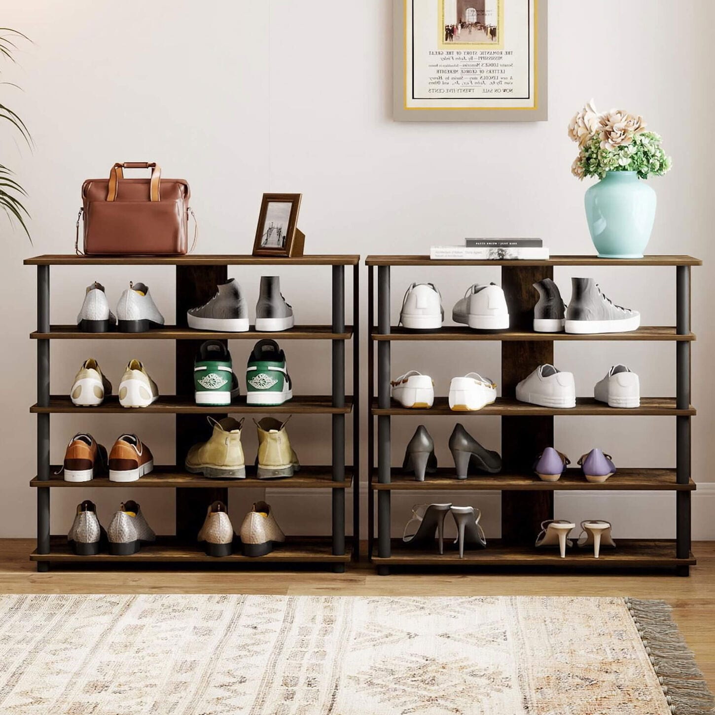 HOMLUX 5-Tier Shoe Rack in Amber Pine and Black