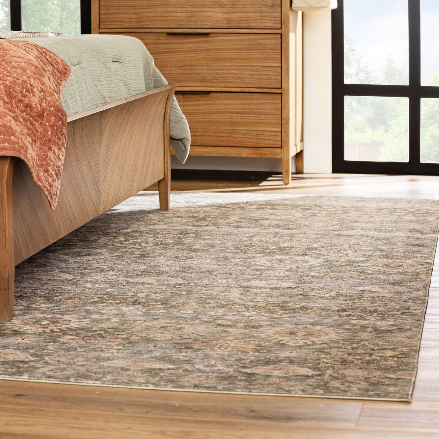 Brown area rug in bedroom