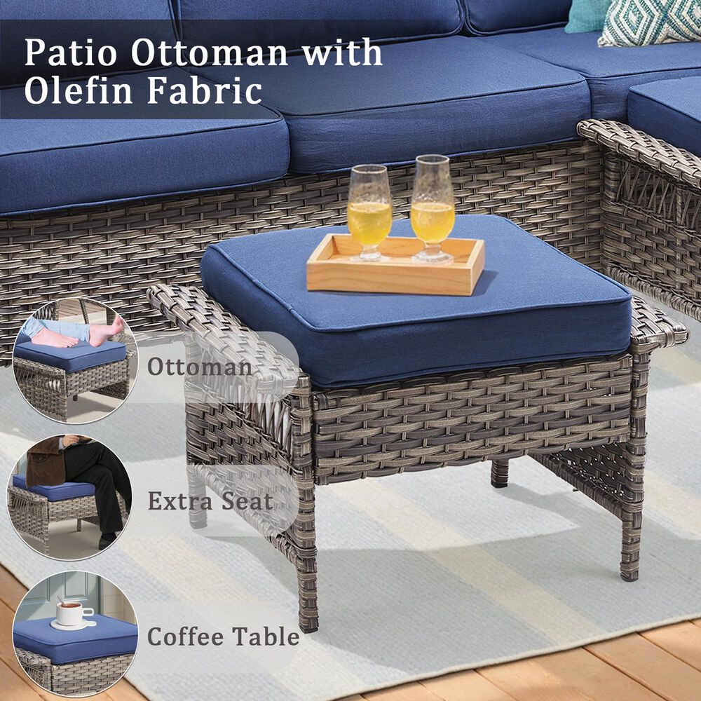 Hearth and Haven Patio Wicker Ottoman with Widened Armrest in Blue (Set of 2), , large
