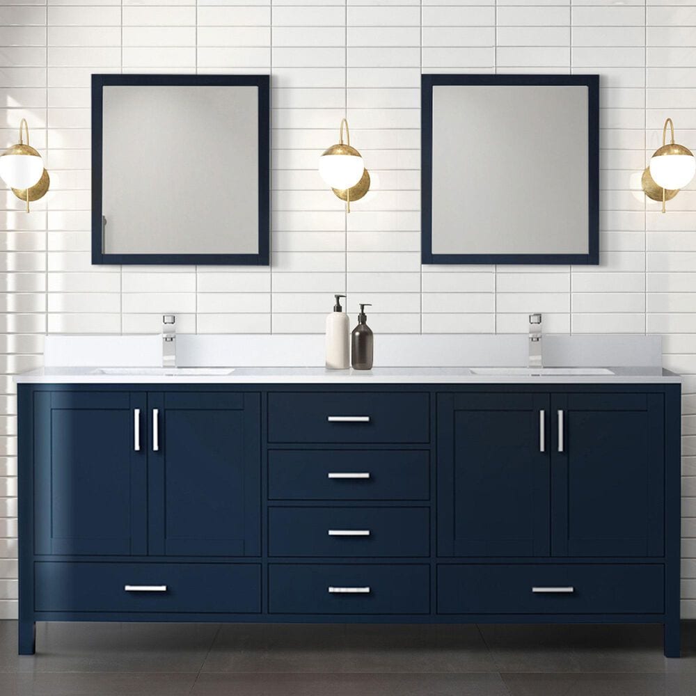 Lexora Home Jacques 80&quot; Double Bathroom Vanity in Navy Blue with 2 cm White Cultured Marble Top and Rectangular Sinks, , large