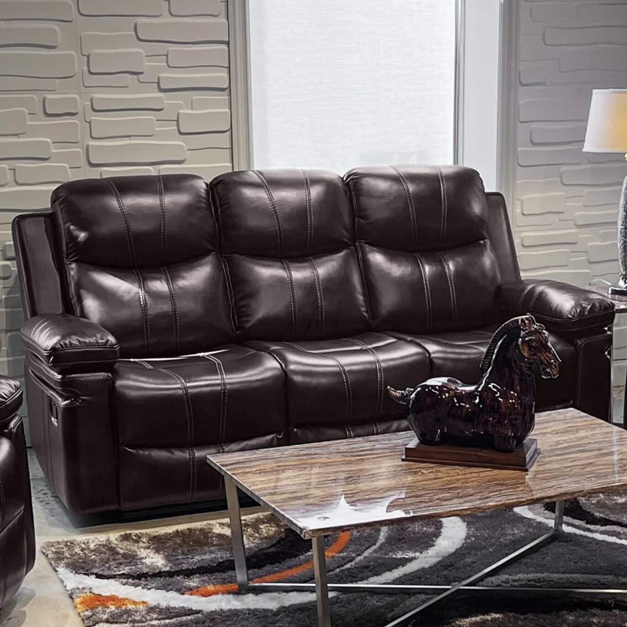 New Heritage Design Kellen Manual Reclining Sofa with Drop Down Table in Brown NFM