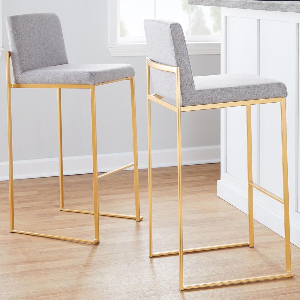LumiSource Fuji High Back Barstool with Grey Fabric in Gold &#40;Set of 2&#41;, , large