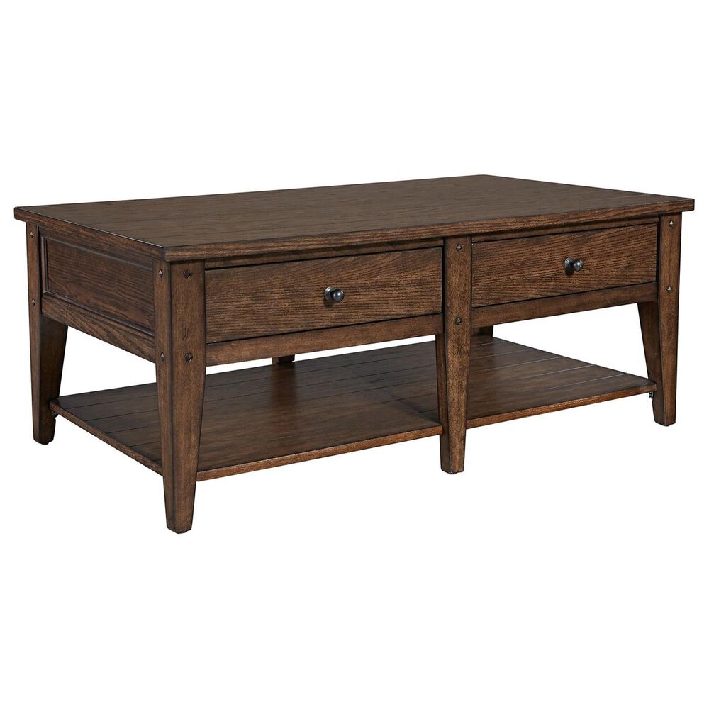 Belle Furnishings Lake House 2-Drawer Cocktail Table in Rustic Brown Oak, , large