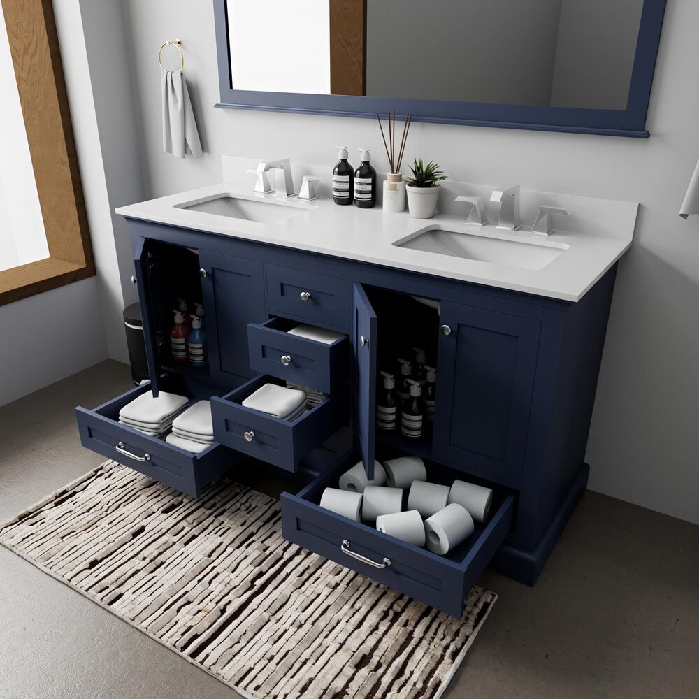 Lexora Home Dukes 60" Double Bathroom Vanity in Navy Blue with 2 cm White Cultured Marble Top and Rectangular Sinks, , large