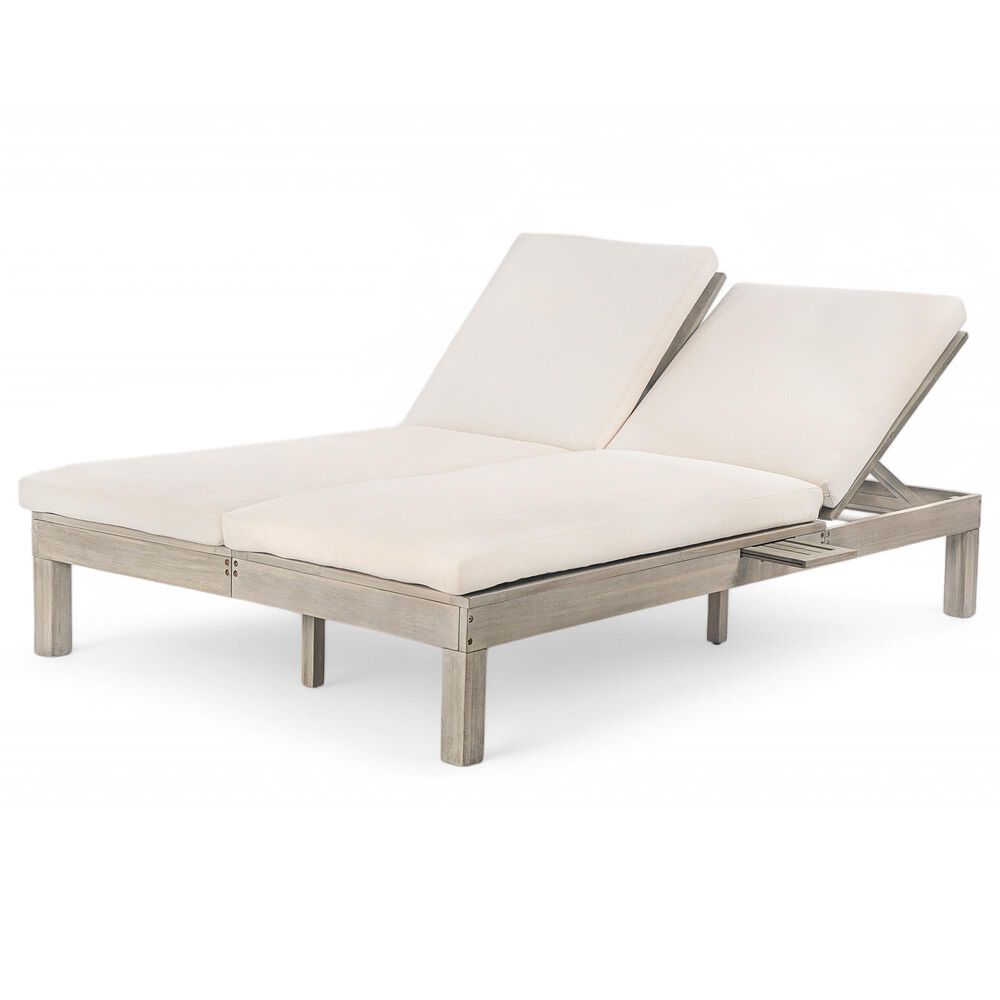 HOMLUX Patio 2-Person Chaise Lounge with Folding Side Tables and Gray Frame in Beige, , large