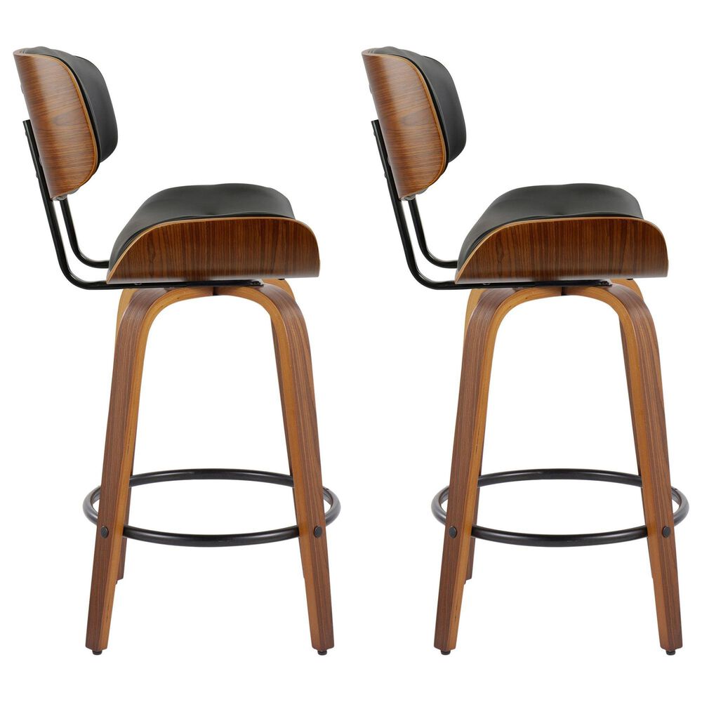LumiSource Lombardi 26" Swivel Counter Stool with Black Faux Leather Upholstery in Walnut and Black (Set of 2), , large