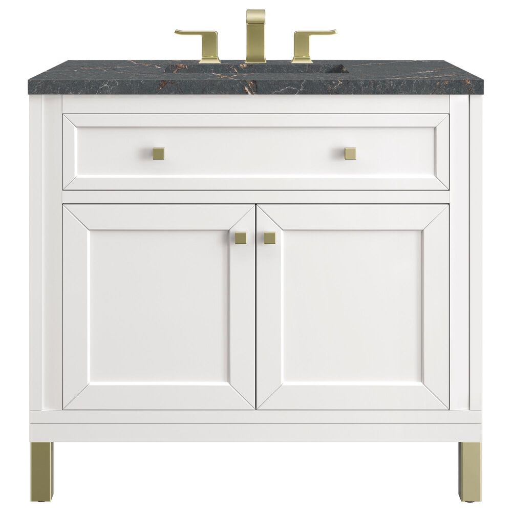 James Martin Vanities Chicago 36&quot; Single Bathroom Vanity in Glossy White with 3 cm Parisien Bleu Quartz Top and Rectangular Sink, , large