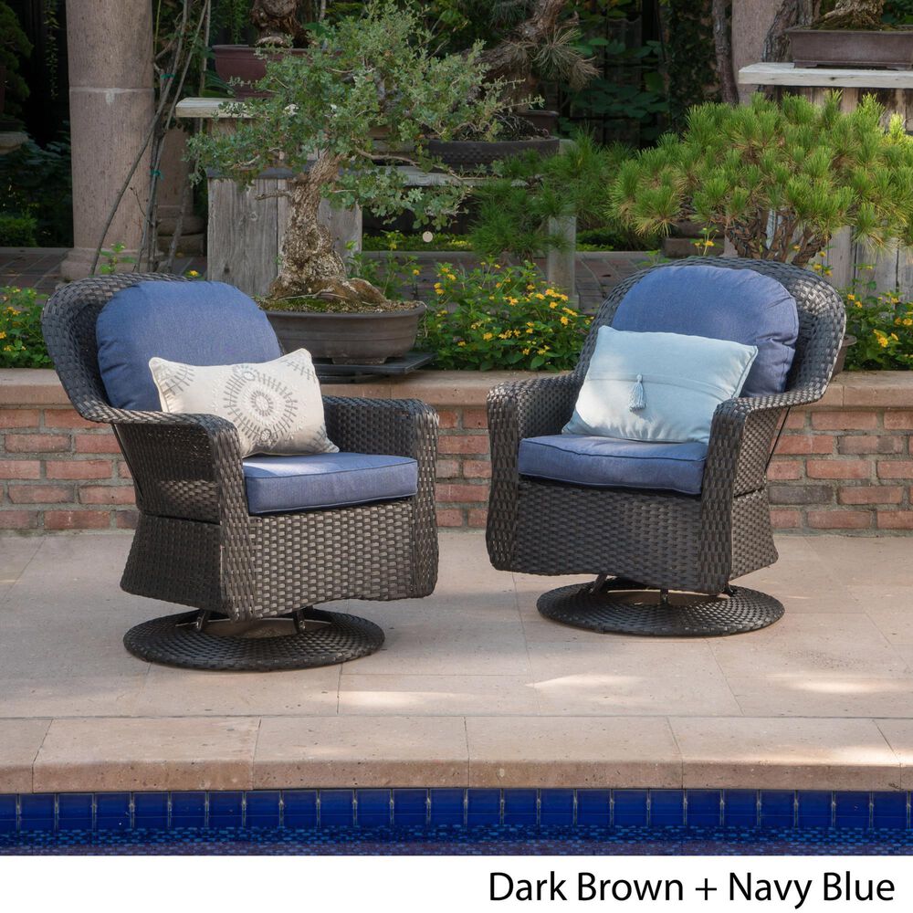 Hearth and Haven Liam Swivel Club Chair with Blue Cushion in Dark Brown &#40;Set of 2&#41;, , large