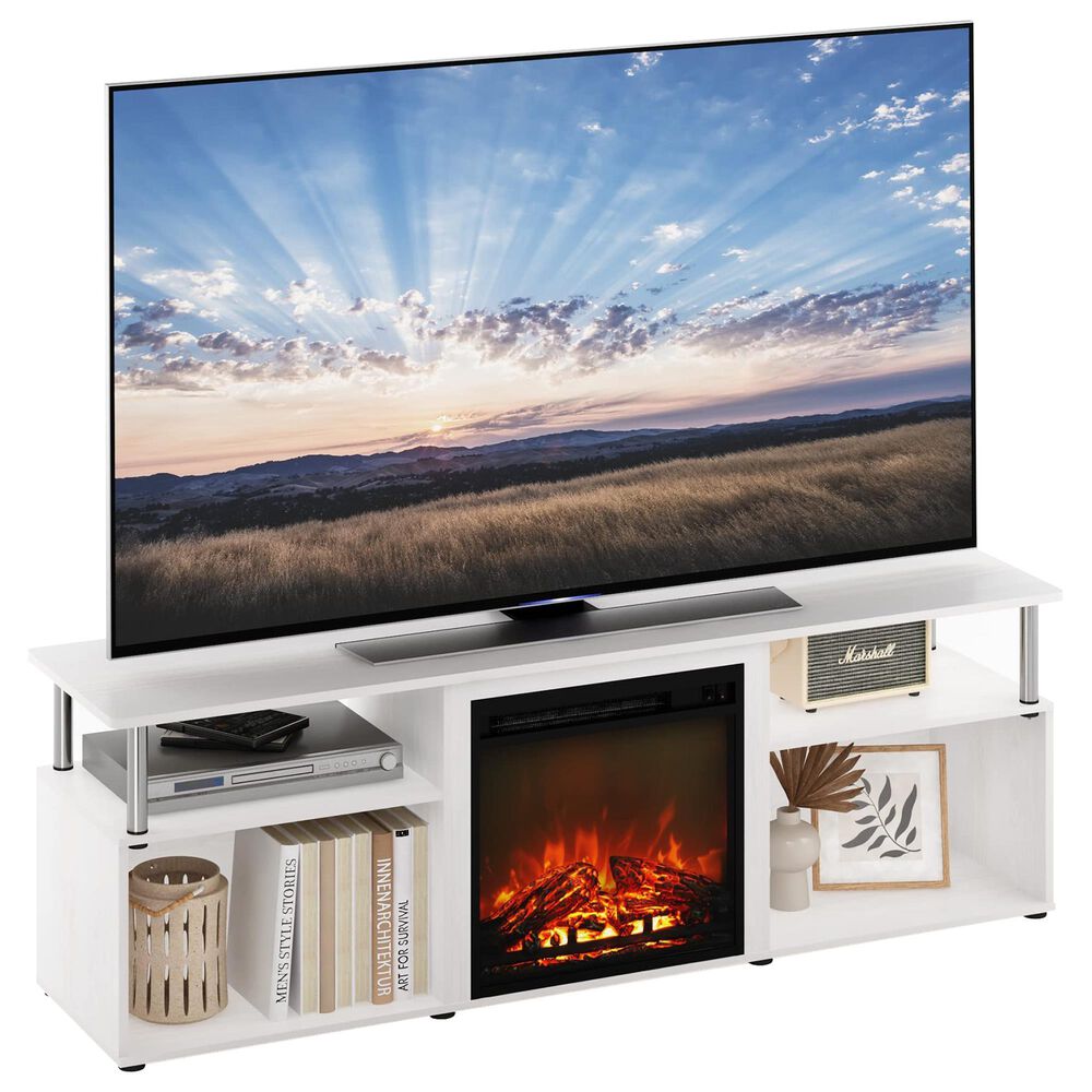 HOMLUX 63" TV Stand with Electric Fireplace in White Oak and Stainless Steel, , large