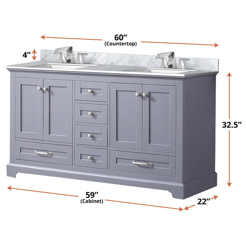 Lexora Home Dukes 60&quot; Double Bathroom Vanity in Dark Grey with White Carrara Marble Top and Rectangular Sinks, , large