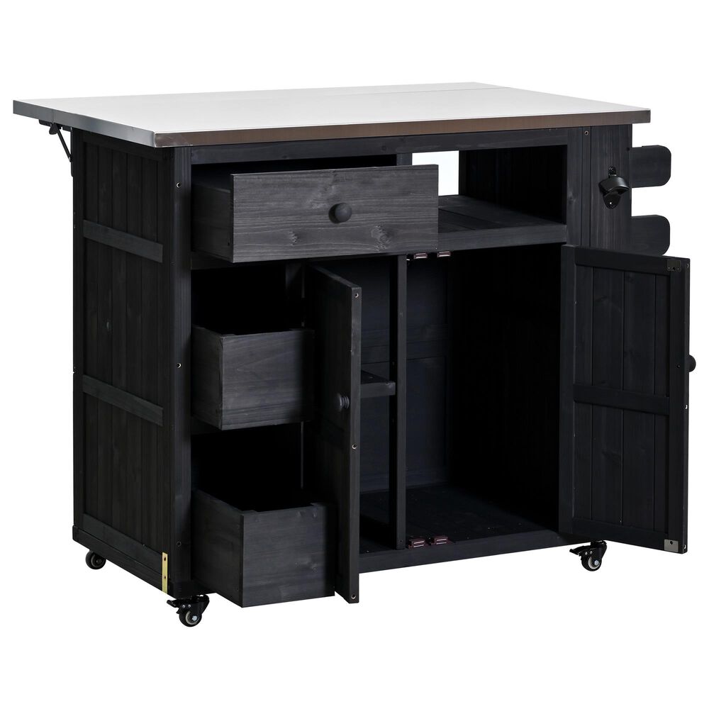 Hearth and Haven Outdoor Kitchen Island Cart with Extendable Stainless Steel Top and Adjustable Shelf in Black, , large