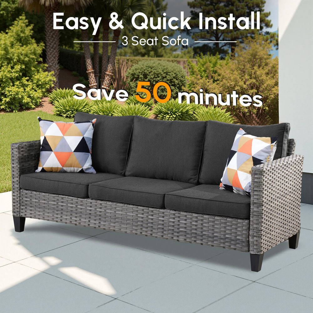 HOMLUX 3-Piece 77" Patio Sofa and Ottoman Set in Black, , large