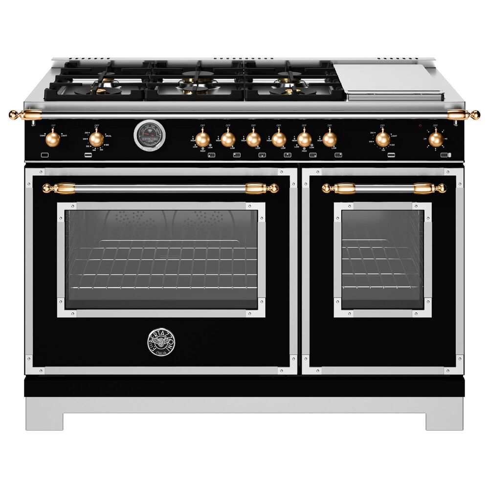 Bertazzoni Heritage Series 48" All-Gas Range with 6 Brass Burner in Nero Matte and Gold, , large