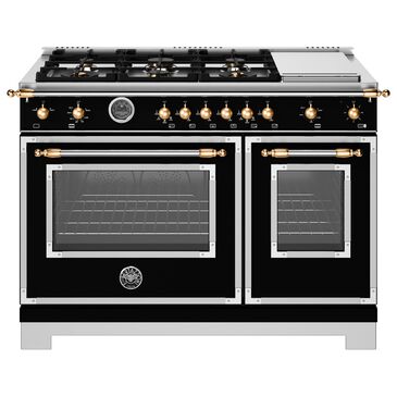 Bertazzoni Heritage Series 48" All-Gas Range with 6 Brass Burner in Nero Matte and Gold, , large
