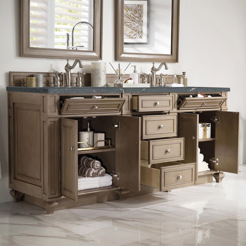 James Martin Vanities Bristol 72&quot; Double Bathroom Vanity in Whitewashed Walnut with 3 cm Parisien Bleu Quartz Top and Rectangular Sinks, , large